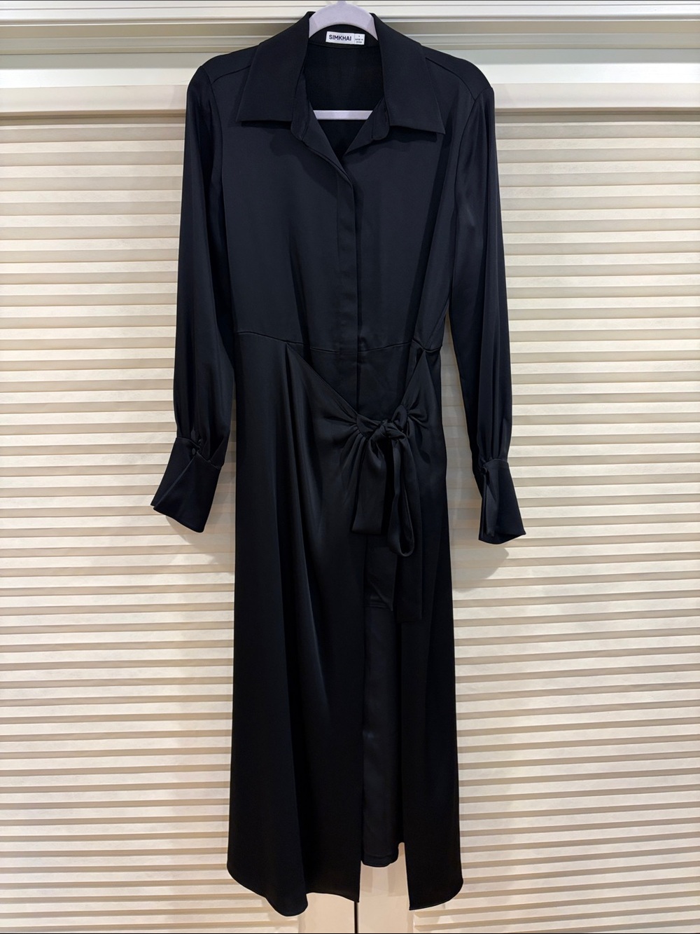 NWOT Simkhai Black Satin Long Sleeve Midi Wrap Dress, Size US 6